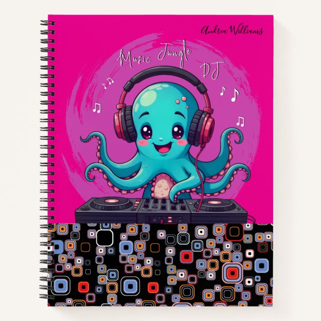 Lächelnder Octopus DJ, glücklicher Musikjung Notizbuch (Vorderseite)