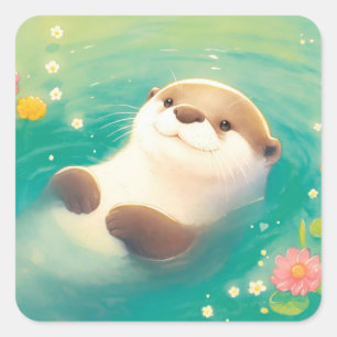 Lächelnder Otter-Aufkleber schwimmt in einem Blume Quadratischer Aufkleber
