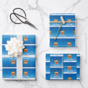 Lächelnder Rentierschneefall personalisiert blau Geschenkpapier Set