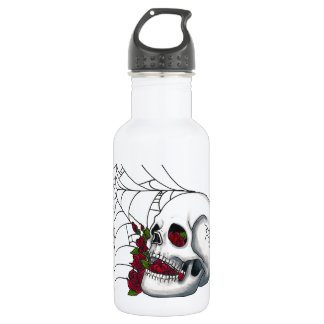 Lächelnder Schädel mit Roten Rosen und Spiderweb Edelstahlflasche