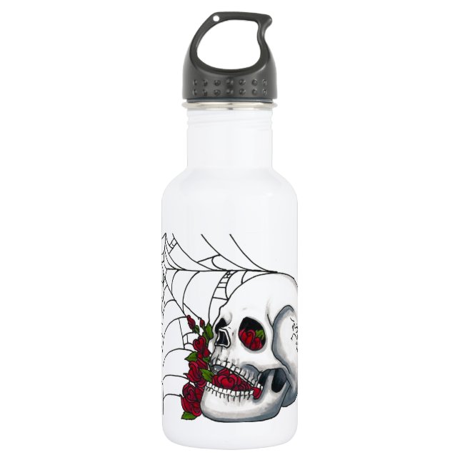 Lächelnder Schädel mit Roten Rosen und Spiderweb Edelstahlflasche (Vorderseite)