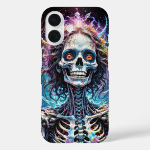 Lächelnder Schädelweiblicher Horror mit Blume iPhone 16 Hülle
