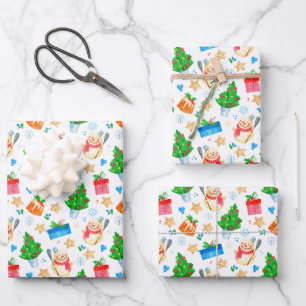 Lächelnder Schneemann Weihnachtsbaum Geschenke Kek Geschenkpapier Set