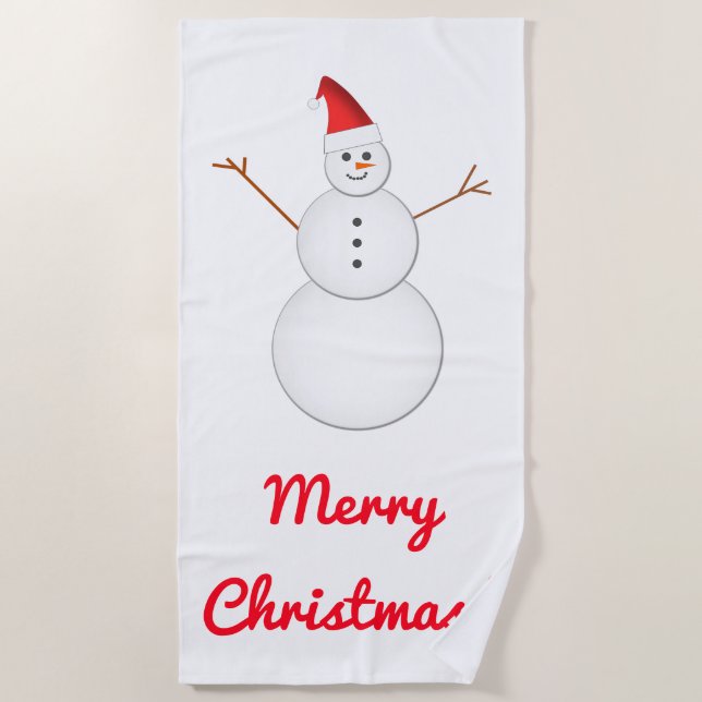 Lächelnder Snowman, rote Weihnachtsmannmütze, Strandtuch (Vorderseite)