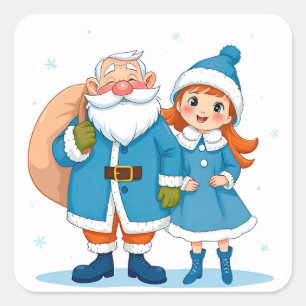 Lächelnder Weihnachtsmann und Schneemädchen Quadratischer Aufkleber