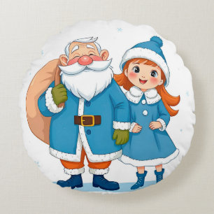 Lächelnder Weihnachtsmann und Schneemädchen Rundes Kissen