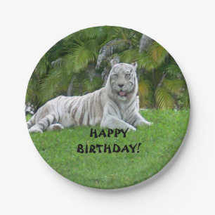 Lächelnder Weißer Tiger und Palmen Papier Teller