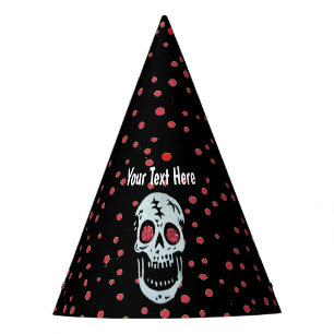 Lächelnder Weißschädel Roter Glitzer Augen Polka D Partyhütchen