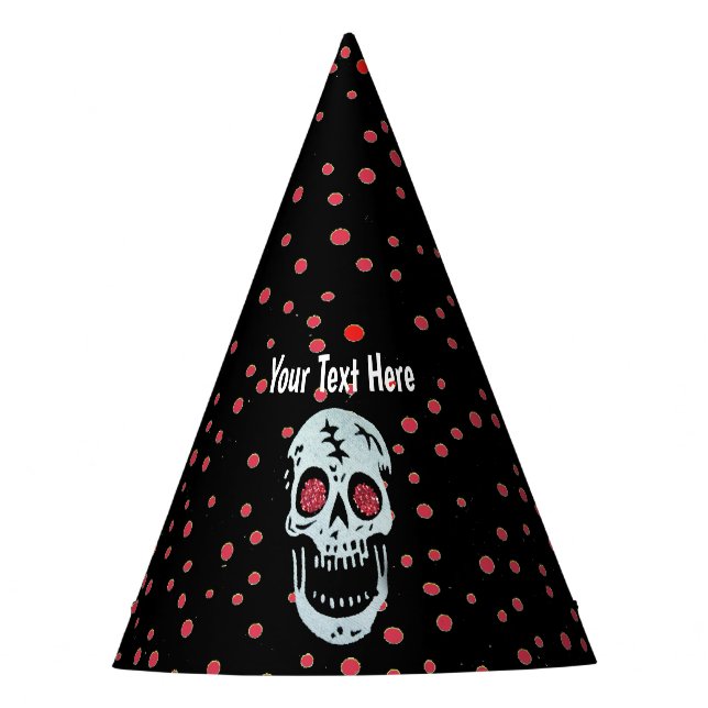 Lächelnder Weißschädel Roter Glitzer Augen Polka D Partyhütchen (Vorderseite)