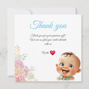 Lächelndes Baby mit Rosen und Blaues Danke