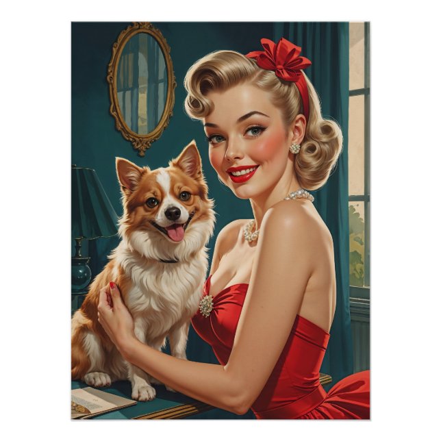 Lächelndes Button in rotem Kleid mit Niedlichem Hu Poster (Vorderseite)