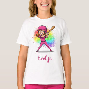 Lächelndes Cartoon-Mädchen Baseballspielerin in Ro T-Shirt