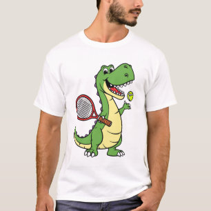 Lächelndes Dinosaurier Tennis Cartoon Design T-Shirt