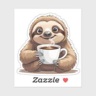 Lächelndes Faultier hält eine heiße Tasse Kaffee Aufkleber