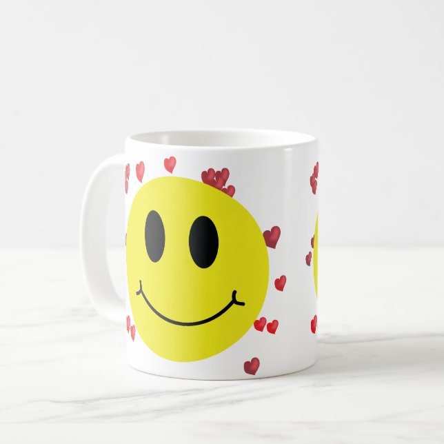 Lächelndes Gesicht mit roten Herzen Kaffeetasse (Vorderseite Links)