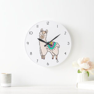 Lächelndes glückliches Alpaka-Cartoon zeichnend Ti Große Wanduhr