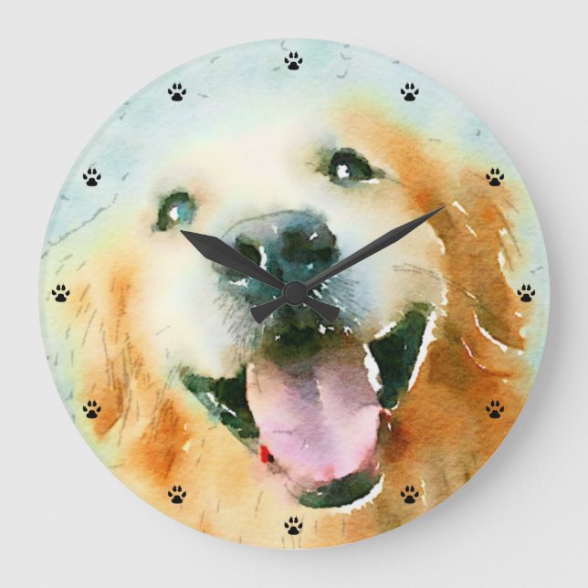 Lächelndes golden retriever im Aquarell Große Wanduhr (Vorderseite)
