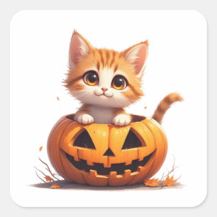 Lächelndes Kätzchen im Kürbisfeld Halloween 🎃 Quadratischer Aufkleber