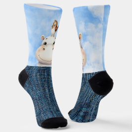 Lächelndes Nilpferd und Vogel Socken