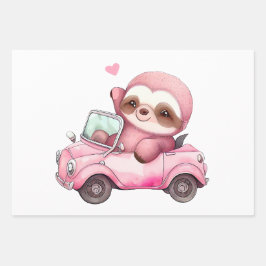 Lächelndes rosa Faultier, das ein Cabrio antreibt Geschenkpapier Set