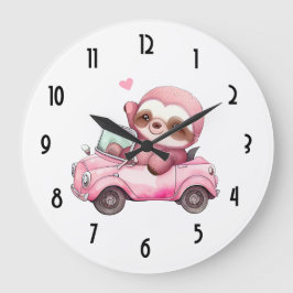 Lächelndes rosa Faultier, das ein Cabrio antreibt Große Wanduhr