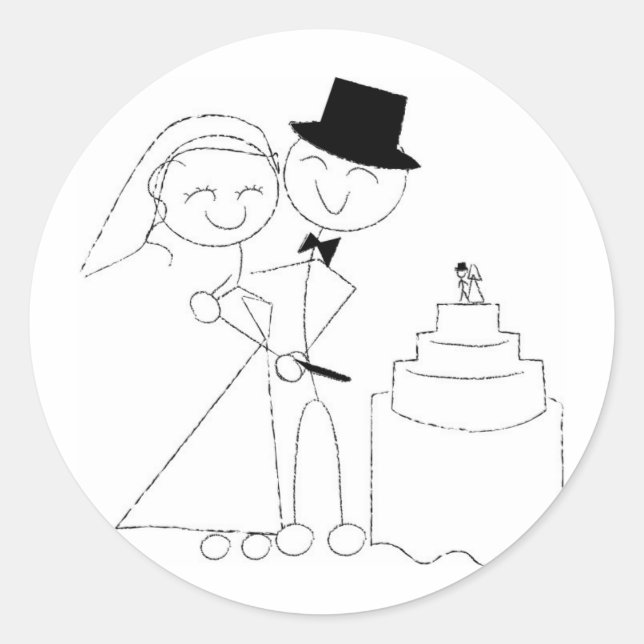 Lächelndes Strichmännchen Couple Cuts Wedding Cake Runder Aufkleber (Vorderseite)