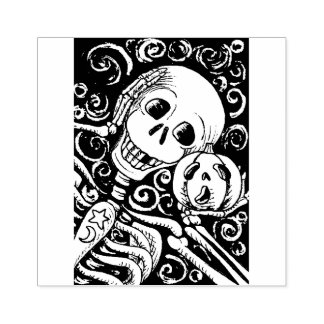 LÄCHELSKELETON UND SEINE KÜRBISLATERNE, HALLOWEN GUMMISTEMPEL