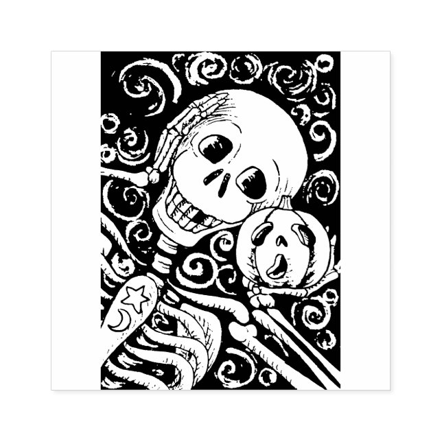 LÄCHELSKELETON UND SEINE KÜRBISLATERNE, HALLOWEN GUMMISTEMPEL (Prägung)