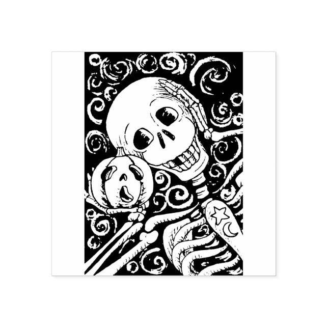 LÄCHELSKELETON UND SEINE KÜRBISLATERNE, HALLOWEN GUMMISTEMPEL (Prägung)