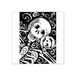 LÄCHELSKELETON UND SEINE KÜRBISLATERNE, HALLOWEN GUMMISTEMPEL
