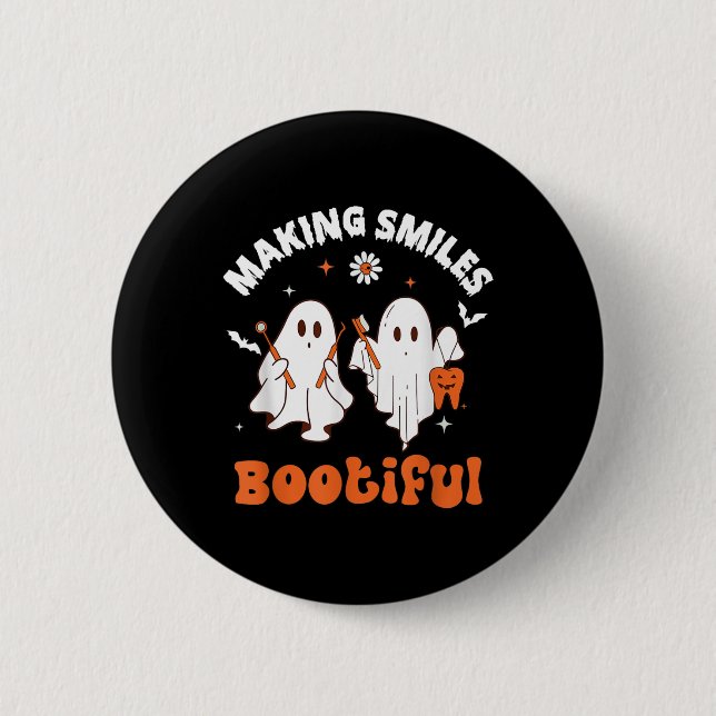 Lächelt Bootiful Funny Ghost Dentist Halloween Den Button (Vorderseite)