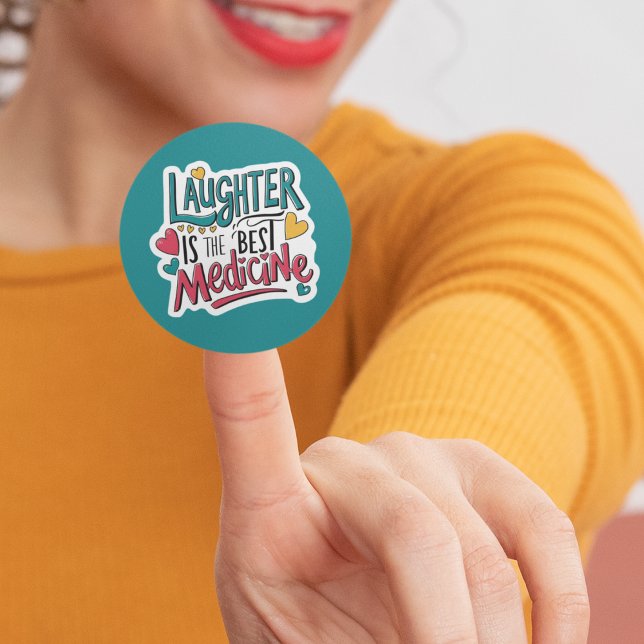 Lachen ist das beste Medizin-Kissen Runder Aufkleber (Cheer yourself or someone else up with this, "Laughter is the best medicine" sticker! )