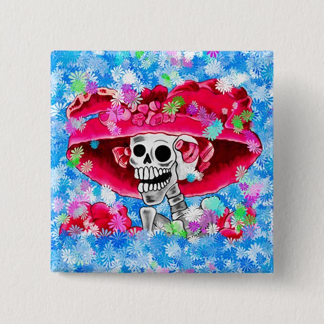 Lachen Skeleton Frau in Red Bonnet Button (Vorderseite)