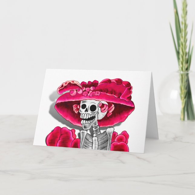 Lachen Skeleton Frau in Red Bonnet Karte (Vorderseite)