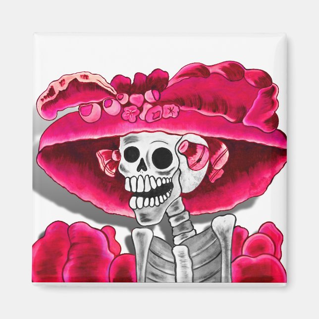 Lachen Skeleton Frau in Red Bonnet Magnet (Vorne)