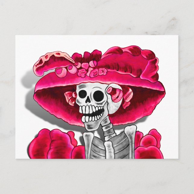 Lachen Skeleton Frau in Red Bonnet Postkarte (Vorderseite)