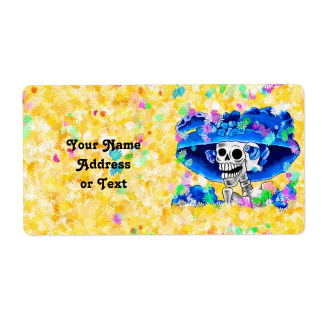 Lachend Skeleton Frau in Blue Bonnet auf Gelb (Vorne)