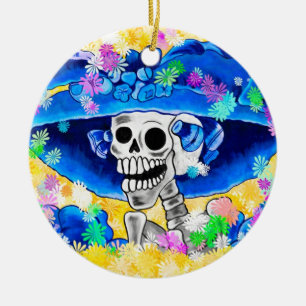 Lachend Skeleton Frau in Blue Bonnet auf Gelb Keramik Ornament