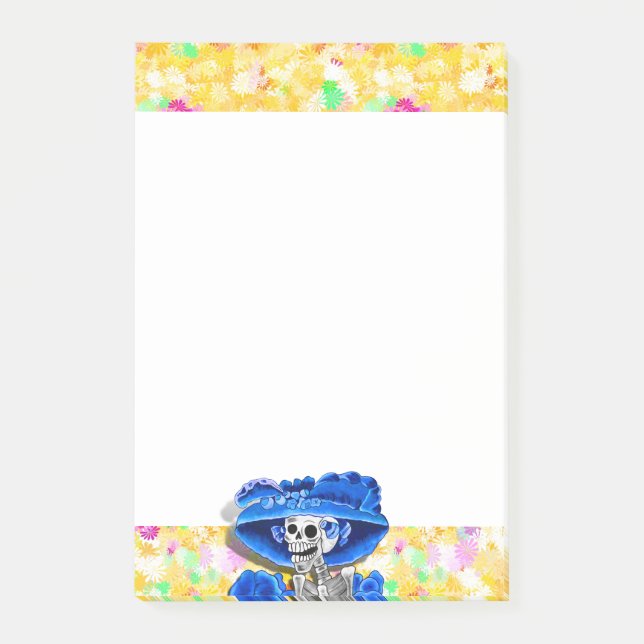 Lachend Skeleton Frau in Blue Bonnet auf Gelb Post-it Klebezettel (Vorderseite)
