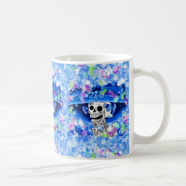 Lachend Skeleton Frau in Blue Bonnet Kaffeetasse (Rechts)