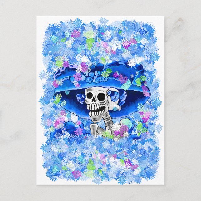 Lachend Skeleton Frau in Blue Bonnet Postkarte (Vorderseite)