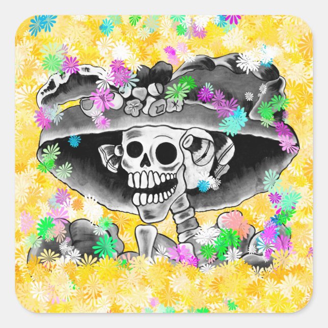 Lachend Skeleton Frau in Bonnet auf Gelb Quadratischer Aufkleber (Vorderseite)