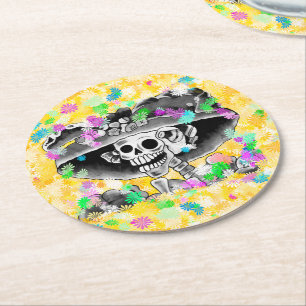 Lachende Skelett-Frau Dia De Los Muertos Runder Pappuntersetzer