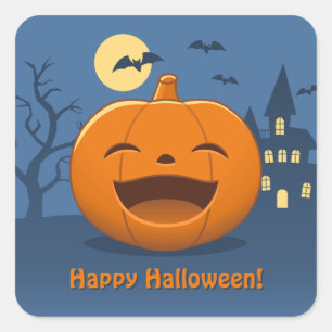 Lachender Halloween-Kürbis mit individuellem Text Quadratischer Aufkleber