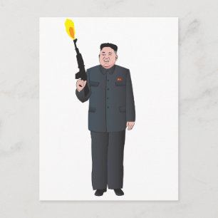 Lachender Kim Jong-un, der eine Waffe in die Luft  Postkarte