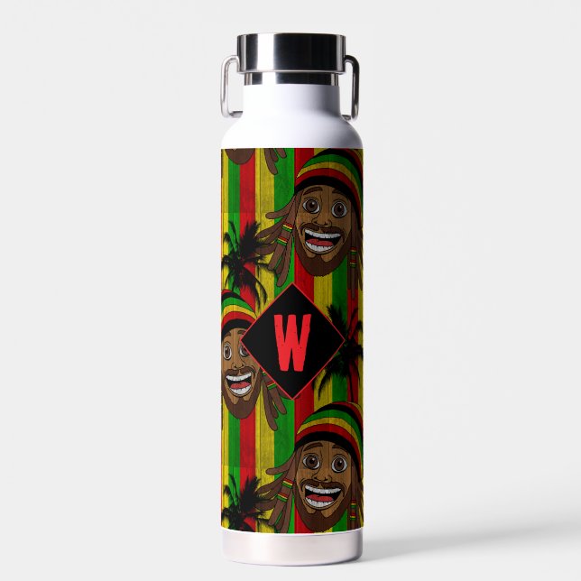 Lachender Rasta-Mann gestreiftes Monogramm Trinkflasche (Vorne)