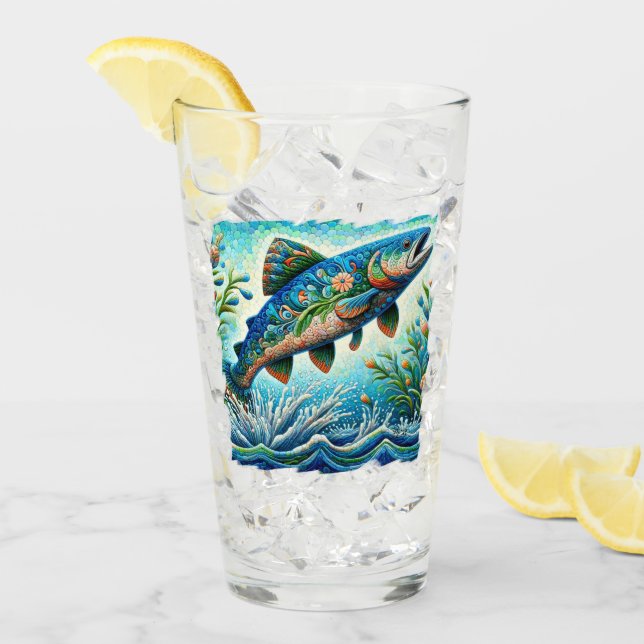 Lachs Jumping Mosaic Floral Blue Green Peach Glas (Vorderseite Ice)
