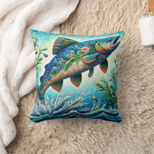 Lachs Jumping Mosaic Floral Blue Green Peach Kissen