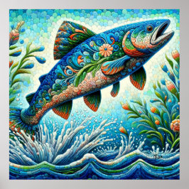 Lachs Jumping Mosaic Floral Blue Green Peach Poster