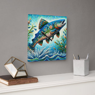 Lachs Jumping Mosaic Floral Blue Green Peach Quadratische Wanduhr